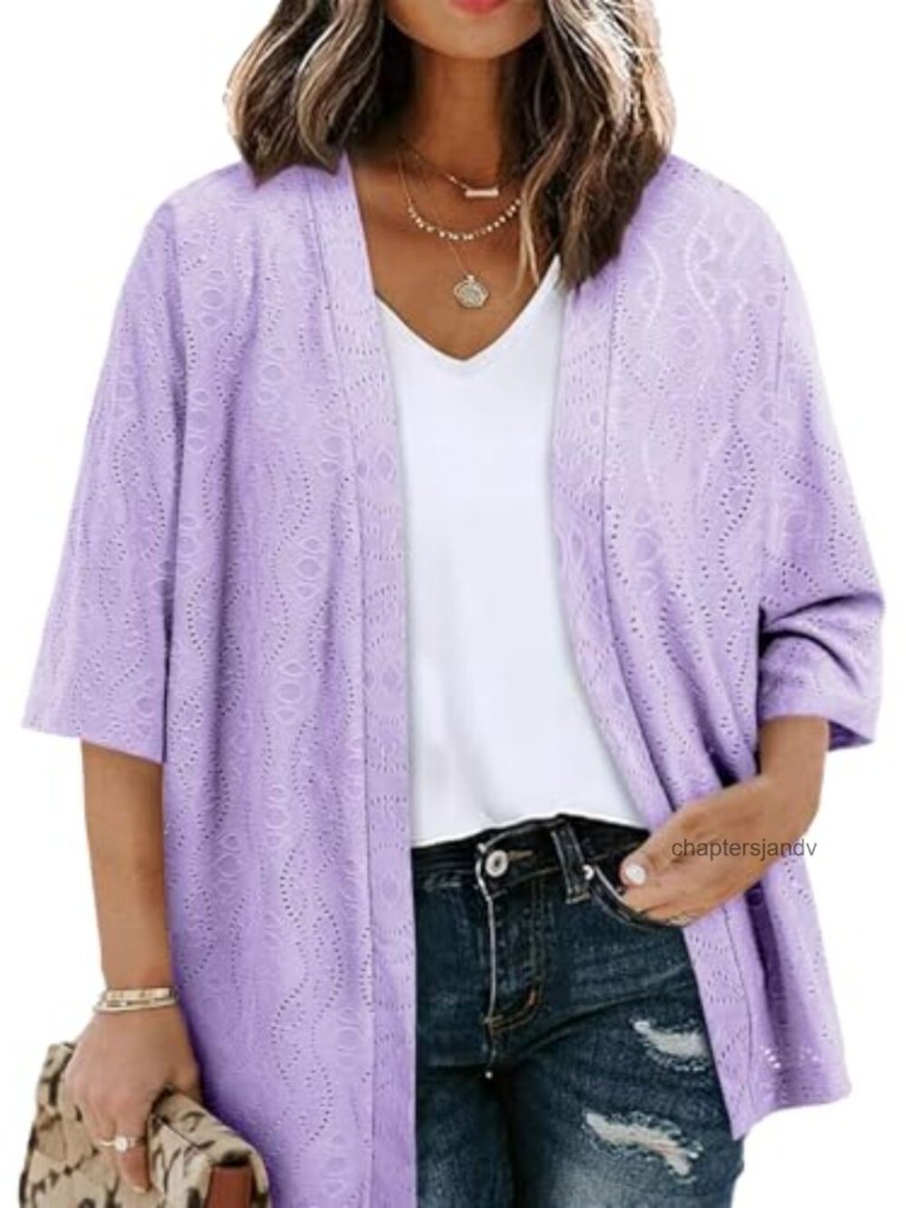 Plus Size Kimono Cardigan Half Sleeve Open Front Jacquard Knit Summer Cover Up